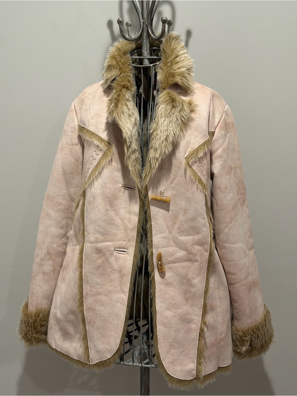 Vintage Tan Faux Shearling Coat with Fur Trim